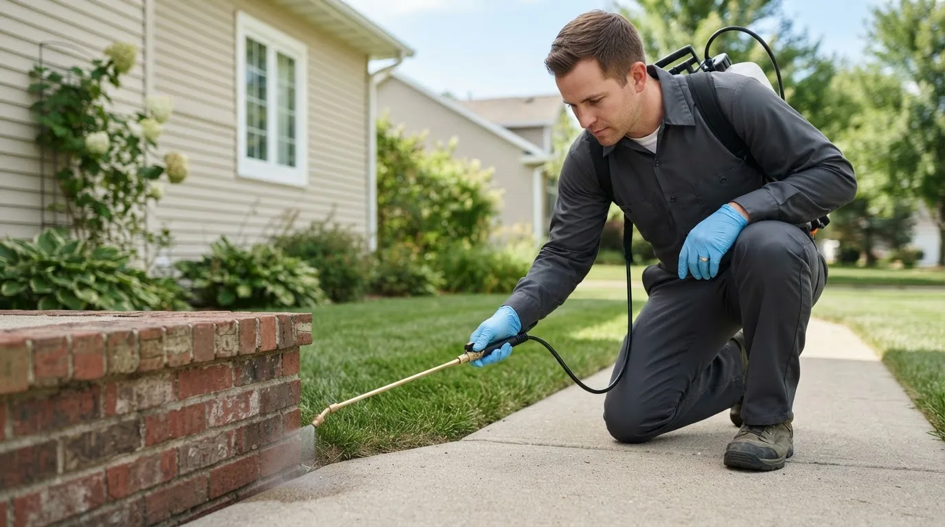 Pest control technician treating a home near Lena, IL