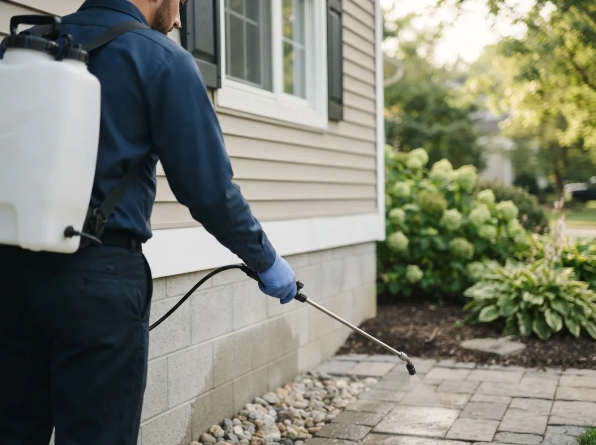 Pest control technician inspecting a home in Lena, IL